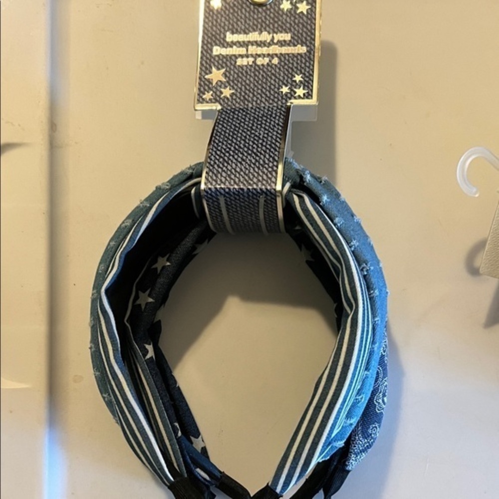 Classic Denim Blue and White Bandana Stripe Set of 3 Headband Set